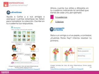 Reta a un amigo o a tus papás, a contestar;
¿Cuántas ﬂores hay? Intenta resolver tú
primero.
MATEMÁTICAS
¿Cuántos tenemos?
Ayuda a Carlos y a sus amigos a
averiguar cuántas estampas les faltan
para completar la colección. Escribe en
tu cuaderno tus respuestas.
Imagen tomada de: Libro de texto Matemáticas. Primer grado,
página 39 En:
https://libros.conaliteg.gob.mx/P1MAA.htm?#page/39
Imagen tomada de: Libro de texto Matemáticas.
Primer grado, página 37. En:
https://libros.conaliteg.gob.mx/P1MAA.htm?#page/37
Ahora, cuenta tus útiles y dibújalos en
tu cuaderno indicando la cantidad que
tienes de cada uno, por ejemplo:
5 cuadernos
5 lápices
 
