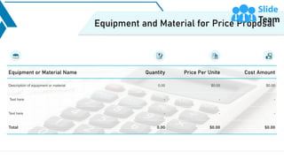 8
Equipment and Material for Price Proposal
This slide is 100% editable. Adapt it to your needs and capture your audience's attention.
Equipment or Material Name Quantity Price Per Unite Cost Amount
Description of equipment or material 0.00 $0.00 $0.00
Text here - - -
Text here - - -
Total 0.00 $0.00 $0.00
 