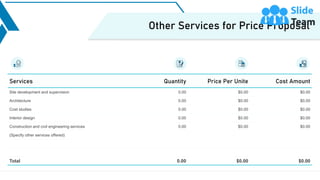 9
Services Quantity Price Per Unite Cost Amount
Site development and supervision 0.00 $0.00 $0.00
Architecture 0.00 $0.00 $0.00
Cost studies 0.00 $0.00 $0.00
Interior design 0.00 $0.00 $0.00
Construction and civil engineering services 0.00 $0.00 $0.00
(Specify other services offered)
Total 0.00 $0.00 $0.00
Other Services for Price Proposal
This slide is 100% editable. Adapt it to your needs and capture your audience's attention.
 