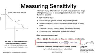 Measuring Sensitivity
Typical curve more like this
Note: the curve is actually time-dependent,

but this is not reflected in the baseline math.
There are many diﬀerent ways in which product demand might
change in response to changing prices but all price-response
functions assume:

• non-negative (p≥0)

• continuous (no gaps in market response to prices)

• diﬀerentiable (smooth and with well-defined slope at every
point)

• downward sloping (raising prices decreases demand)

• notwithstanding “behavioral economics eﬀects”
Additional source: DTU Management Engineering
Most common measures are:
• Slope - d’(p1) is the derivative of the price-response function at p1
• Hazard rate (slope/demand)
• Elasticity: %demand change from 1% change in price:
ε p1
( )= ph p1
( )= ′
d (p1)p1 / d p1
( )= pf p
( )/ F p
( )
h p1
( )=
′
d (p1)
d p1
( )
= f p
( )/ F p
( )
point elasticity
We want to estimate this curve
from any actual take-up data.
“Failure rate”
(See Yao)
has important underlying
properties when calculating
optimal pricing.

 
