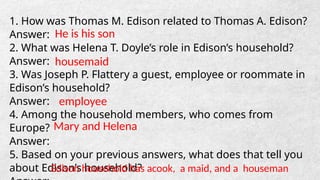 1. How was Thomas M. Edison related to Thomas A. Edison?
Answer:
2. What was Helena T. Doyle’s role in Edison’s household?
Answer:
3. Was Joseph P. Flattery a guest, employee or roommate in
Edison’s household?
Answer:
4. Among the household members, who comes from
Europe?
Answer:
5. Based on your previous answers, what does that tell you
about Edison’s household?
He is his son
housemaid
employee
Mary and Helena
Edison household has acook, a maid, and a houseman
 