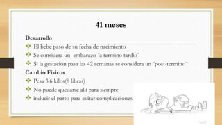 41 meses
Desarrollo
 El bebe paso de su fecha de nacimiento
 Se considera un embarazo ¨a termino tardío¨
 Si la gestación pasa las 42 semanas se considera un ¨post-termino¨
Cambio Físicos
 Pesa 3.6 kilos(8 libras)
 No puede quedarse allí para siempre
 inducir el parto para evitar complicaciones
 