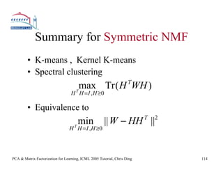 Summary for Symmetric NMF
         • K-means , Kernel K-means
         • Spectral clustering
                                                                    T
                                       max Tr ( H WH )
                                  H H = I , H ≥0
                                     T



         • Equivalence to
                                        min           || W − HH ||        T   2
                                 H H = I , H ≥0
                                    T




PCA & Matrix Factorization for Learning, ICML 2005 Tutorial, Chris Ding           114
 