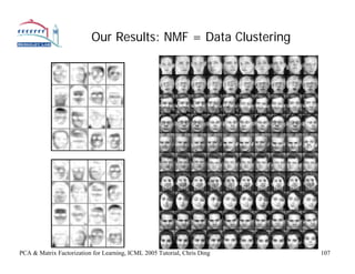 Our Results: NMF = Data Clustering




PCA & Matrix Factorization for Learning, ICML 2005 Tutorial, Chris Ding   107
 