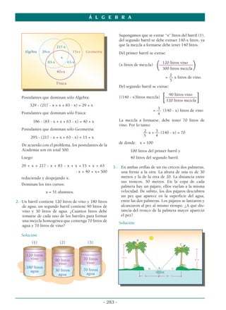 Á L G E B R A
- 283 -
B
M
30 m
A
X 50 - x
C
20 m
N
217-x
Algebra 29+x 15+x Geometría
x
83-x 63-x
40+x
Física
Postulantes que dominan sólo Algebra:
329 - (217 - x + x + 83 - x) = 29 + x
Postulantes que dominan sólo Física:
186 - (83 - x + x + 63 - x) = 40 + x
Postulantes que dominan sólo Geometría:
295 - (217 - x + x + 63 - x) = 15 + x
De acuerdo con el problema, los postulantes de la
Academia son en total 500.
Luego:
29 + x + 217 - x + 83 - x + x + 15 + x + 63
- x + 40 + x= 500
reduciendo y despejando x:
Dominan los tres cursos:
x = 51 alumnos.
2.- Un barril contiene 120 litros de vino y 180 litros
de agua; un segundo barril contiene 90 litros de
vino y 30 litros de agua. ¿Cuántos litros debe
tomarse de cada uno de los barriles para formar
una mezcla homogénea que contenga 70 litros de
agua y 70 litros de vino?
Solución:
(1) (2) (3)
120 litros
90 litros 70 litros
vino
vino vino
180 litros
30 litros 70 litros
agua
agua agua
Supongamos que se extrae “x” litros del barril (1),
del segundo barril se debe extraer 140-x litros, ya
que la mezcla a formarse debe tener 140 litros.
Del primer barril se extrae:
120 litros vino
(x litros de mezcla)
(––––––––––––––––
)
300 litros mezcla
2
= –– x litros de vino.
5
Del segundo barril se extrae:
90 litros vino
[(140 - x)litros mezcla]
[–––––––––––––––
]
120 litros mezcla
3
= –– (140 - x) litros de vino
4
La mezcla a formarse, debe tener 70 litros de
vino. Por lo tanto:
2 3
–– x + –– (140 - x) = 70
5 4
de donde: x = 100
100 litros del primer barril y
40 litros del segundo barril.
3.- En ambas orillas de un río crecen dos palmeras,
una frente a la otra. La altura de una es de 30
metros y la de la otra de 20. La distancia entre
sus troncos, 50 metros. En la copa de cada
palmera hay un pájaro, ellos vuelan a la misma
velocidad. De súbito, los dos pájaros descubren
un pez que aparece en la superficie del agua,
entre las dos palmeras. Los pájaros se lanzaron y
alcanzaron al pez al mismo tiempo. ¿A qué dis-
tancia del tronco de la palmera mayor apareció
el pez?
Solución:
 