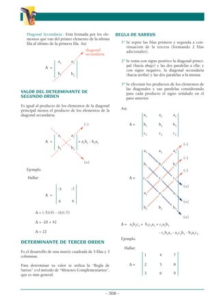 Diagonal Secundaria.- Está formada por los ele-
mentos que van del primer elemento de la última
fila al último de la primera fila. Así:
diagonal
secundaria
a1
a2
∆ =
b1
b2
VALOR DEL DETERMINANTE DE
SEGUNDO ORDEN
Es igual al producto de los elementos de la diagonal
principal menos el producto de los elementos de la
diagonal secundaria.
(-)
a1
a2
∆ = = a1
b1
- b1
a2
b1
b2
(+)
Ejemplo.
Hallar:
-5 -7
∆ =
6 4
∆ = (-5)(4) - (6)(-7)
∆ = -20 + 42
∆ = 22
DETERMINANTE DE TERCER ORDEN
Es el desarrollo de una matriz cuadrada de 3 filas y 3
columnas.
Para determinar su valor se utiliza la “Regla de
Sarrus” o el método de “Menores Complementarios”,
que es más general.
REGLA DE SARRUS
1º Se repite las filas primera y segunda a con-
tinuación de la tercera (formando 2 filas
adicionales).
2º Se toma con signo positivo la diagonal princi-
pal (hacia abajo) y las dos paralelas a ella; y
con signo negativo, la diagonal secundaria
(hacia arriba) y las dos paralelas a la misma.
3º Se efectúan los productos de los elementos de
las diagonales y sus paralelas considerando
para cada producto el signo señalado en el
paso anterior.
Así:
a1
a2
a3
∆ = b1
b2
b3
c1
c2
c3
(-)
a1
a2
a3
(-)
b1
b2
b3
(-)
∆ = c1
c2
c3
(+)
a1
a2
a3
(+)
b1
b2
b3
(+)
∆ = a1
b2
c3
+ b1
c2
a3
+ c1
a2
b3
- c1
b2
a3
- a1
c2
b3
- b1
a2
c3
Ejemplo.
Hallar:
1 4 7
∆ = 2 5 8
3 6 9
- 308 -
α
α α
 