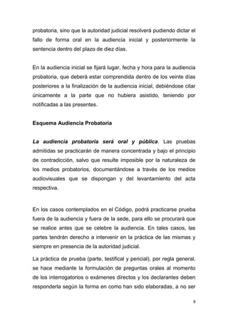 8
probatoria, sino que la autoridad judicial resolverá pudiendo dictar el
fallo de forma oral en la audiencia inicial y posteriormente la
sentencia dentro del plazo de diez días.
En la audiencia inicial se fijará lugar, fecha y hora para la audiencia
probatoria, que deberá estar comprendida dentro de los veinte días
posteriores a la finalización de la audiencia inicial, debiéndose citar
únicamente a la parte que no hubiera asistido, teniendo por
notificadas a las presentes.
Esquema Audiencia Probatoria
La audiencia probatoria será oral y pública. Las pruebas
admitidas se practicarán de manera concentrada y bajo el principio
de contradicción, salvo que resulte imposible por la naturaleza de
los medios probatorios, documentándose a través de los medios
audiovisuales que se dispongan y del levantamiento del acta
respectiva.
En los casos contemplados en el Código, podrá practicarse prueba
fuera de la audiencia y fuera de la sede, para ello se procurará que
se realice antes que se celebre la audiencia. En tales casos, las
partes tendrán derecho a intervenir en la práctica de las mismas y
siempre en presencia de la autoridad judicial.
La práctica de prueba (parte, testifical y pericial), por regla general,
se hace mediante la formulación de preguntas orales al momento
de los interrogatorios o exámenes directos y los declarantes deben
responderla según la forma en como han sido elaboradas, a no ser
 