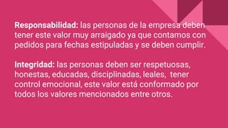 Responsabilidad: las personas de la empresa deben
tener este valor muy arraigado ya que contamos con
pedidos para fechas estipuladas y se deben cumplir.
Integridad: las personas deben ser respetuosas,
honestas, educadas, disciplinadas, leales, tener
control emocional, este valor está conformado por
todos los valores mencionados entre otros.
 