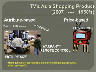 Attribute-based                                    Price-based
Plasma –LCD screen
                                                          LOW PRICE




                               WARRANTY
                              REMOTE CONTROL

 PICTURE SIZE
   Homogeneous products select on price Heterogeneous products
   select on benefits
 