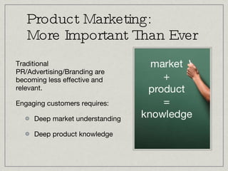 Product Marketing: More Important Than Ever Traditional PR/Advertising/Branding are becoming less effective and relevant. Engaging customers requires: Deep market understanding Deep product knowledge 