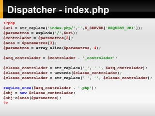 Dispatcher - index.php
<?php
$uri = str_replace('index.php/','',$_SERVER['REQUEST_URI']);
$parametros = explode('/',$uri);
$controlador = $parametros[2];
$acao = $parametros[3];
$parametros = array_slice($parametros, 4);
$arq_controlador = $controlador . '_controlador';
$classe_controlador = str_replace('_', ' ', $arq_controlador);
$classe_controlador = ucwords($classe_controlador);
$classe_controlador = str_replace(' ', '', $classe_controlador);
require_once($arq_controlador . '.php');
$obj = new $classe_controlador;
$obj->$acao($parametros);
?>
 