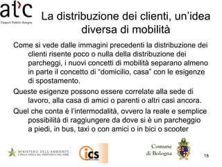 La distribuzione dei clienti, un’idea diversa di mobilità Come si vede dalle immagini precedenti la distribuzione dei clienti risente poco o nulla della distribuzione dei parcheggi, i nuovi concetti di mobilità separano almeno in parte il concetto di “domicilio, casa” con le esigenze di spostamento. Queste esigenze possono essere correlate alla sede di lavoro, alla casa di amici o parenti o altri casi ancora. Quel che conta è l’intermodalità, ovvero la reale e semplice possibilità di raggiungere da dove si è un parcheggio  a piedi, in bus, taxi o con amici o in bici o scooter 