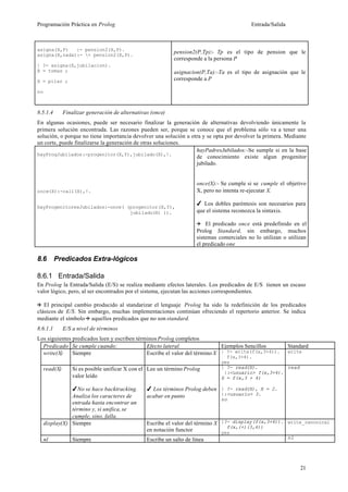 Programación Práctica en Prolog                                                              Entrada/Salida



asigna(X,P)   :- pension2(X,P).
asigna(X,nada):- + pension2(X,P).
                                                             pension2(P,Tp):- Tp es el tipo de pension que le
                                                             corresponde a la persona P
| ?- asigna(X,jubilacion).
X = tomas ;                                                  asignacion(P,Ta):-Ta es el tipo de asignación que le
X = pilar ;                                                  corresponde a P

no



8.5.1.4        Finalizar generación de alternativas (once)
En algunas ocasiones, puede ser necesario finalizar la generación de alternativas devolviendo únicamente la
primera solución encontrada. Las razones pueden ser, porque se conoce que el problema sólo va a tener una
solución, o porque no tiene importancia devolver una solución u otra y se opta por devolver la primera. Mediante
un corte, puede finalizarse la generación de otras soluciones.
                                                                  hayPadresJubilados:-Se sumple si en la base
hayProgJubilados:-progenitor(X,Y),jubilado(X),!.
                                                                  de conocimiento existe algun progenitor
                                                                  jubilado.


                                                                       once(X):- Se cumple si se cumple el objetivo
once(X):-call(X),!.                                                    X, pero no intenta re-ejecutar X.

                                                                       4 Los dobles paréntesis son necesarios para
hayProgenitoresJubilados:-once( (progenitor(X,Y),
                                 jubilado(X) )).                       que el sistema reconozca la sintaxis.

                                                                       ( El predicado once está predefinido en el
                                                                       Prolog Standard, sin embargo, muchos
                                                                       sistemas comerciales no lo utilizan o utilizan
                                                                       el predicado one

8.6       Predicados Extra-lógicos

8.6.1 Entrada/Salida
En Prolog la Entrada/Salida (E/S) se realiza mediante efectos laterales. Los predicados de E/S tienen un escaso
valor lógico, pero, al ser encontrados por el sistema, ejecutan las acciones correspondientes.

( El principal cambio producido al standarizar el lenguaje Prolog ha sido la redefinición de los predicados
clásicos de E/S. Sin embargo, muchas implementaciones continúan ofreciendo el repertorio anterior. Se indica
mediante el símbolo ( aquellos predicados que no son standard.
8.6.1.1        E/S a nivel de términos
Los siguientes predicados leen y escriben términos Prolog completos
  Predicado Se cumple cuando:                 Efecto lateral                 Ejemplos Sencillos               Standard
  write(X)     Siempre                        Escribe el valor del término X | ?- write(f(x,3+4)).      write
                                                                                   f(x,3+4).
                                                                                 yes
     read(X)       Si es posible unificar X con el Lee un término Prolog         | ?- read(X).          read
                                                                                  |:<usuario> f(x,3+4).
                   valor leído                                                   X = f(x,3 + 4)

                4No se hace backtracking.         4 Los términos Prolog deben | ?- read(X), X = 2.
                Analiza los caracteres de         acabar en punto             |:<usuario> 3.
                                                                                 no
                entrada hasta encontrar un
                término y, si unifica, se
                cumple, sino, falla.
     display(X) Siempre                           Escribe el valor del término X |?- display(f(x,3+4)). write_canonical
                                                                                   f(x,(+)(3,4))
                                                  en notación functor            yes
     nl            Siempre                        Escribe un salto de línea                                   nl




                                                                                                                   21
 