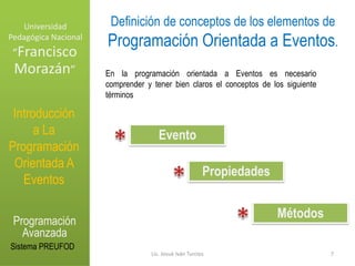 Universidad Pedagógica NacionalDefinición de conceptos de los elementos de Programación Orientada a Eventos.“Francisco Morazán”En la programación orientada a Eventos es necesario comprender y tener bien claros el conceptos de los siguiente términosIntroducción a La Programación Orientada A Eventos*Evento*Propiedades*MétodosProgramación AvanzadaSistema PREUFOD7Lic. Josué Iván Turcios
