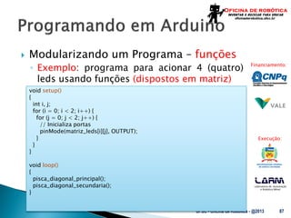 Laboratório de Automação
e Robótica Móvel
Financiamento:
Execução:
 Modularizando um Programa – funções
◦ Exemplo: programa para acionar 4 (quatro)
leds usando funções (dispostos em matriz)
UFSC - Oficina de Robótica - @2013 87
void setup()
{
int i, j;
for (i = 0; i < 2; i++) {
for (j = 0; j < 2; j++) {
// Inicializa portas
pinMode(matriz_leds[i][j], OUTPUT);
}
}
}
void loop()
{
pisca_diagonal_principal();
pisca_diagonal_secundaria();
}
 