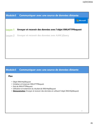 13/07/2016
45
Module
Leçon
Leçon
Envoyer et recevoir des données avec l'objet XMLHTTPRequest1
5 Communiquer avec une source de données distante
2 Envoyer et recevoir des données avec AJAX jQuery
Module
Plan
• Objet XMLHttpRequest
• Initialiser et Instancier XMLHTTPRequest
• Etat de XMLHTTPRequest
• Utilisation et traitement du résultat de XMLHttpRequest
• Démonstration: Envoyer et recevoir des données en utilisant l'objet XMLHttpRequest
90
5 Communiquer avec une source de données distante
 