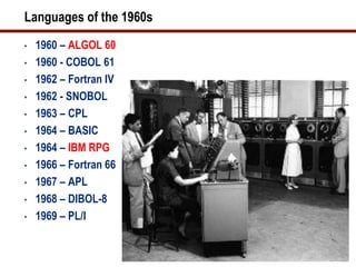 Languages of the 1960s
•   1960 – ALGOL 60
•   1960 - COBOL 61
•   1962 – Fortran IV
•   1962 - SNOBOL
•   1963 – CPL
•   1964 – BASIC
•   1964 – IBM RPG
•   1966 – Fortran 66
•   1967 – APL
•   1968 – DIBOL-8
•   1969 – PL/I
 