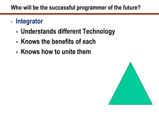 Who will be the successful programmer of the future?

•   Integrator
     Understands different Technology

     Knows the benefits of each

     Knows how to unite them
 