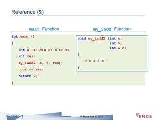 Reference (&)
main Function
int main ()
{
int X, Y; cin >> X >> Y;
int res;

my_iadd Function
void my_iadd2 (int a,
int b,
int & c)
{
c = a + b ;

my_iadd2 (X, Y, res);
cout << res;

}

return 0;
}

P. Merat Feb 27 2013

 