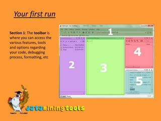 Your first runSection 1: The toolbar is where you can access the various features, tools and options regarding your code, debugging process, formatting, etc