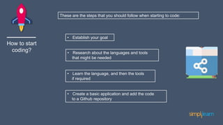How to start
coding?
These are the steps that you should follow when starting to code:
• Establish your goal
• Research about the languages and tools
that might be needed
• Learn the language, and then the tools
if required
• Create a basic application and add the code
to a Github repository
 