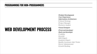 PROGRAMMING FOR NON-PROGRAMMERS 
‣Product Development 
‣User Experience 
‣Information Architecture 
‣Content Strategy 
‣Project Manager 
‣Business Analyst 
!‣Visual Designer 
!‣Front-end developer 
‣Back-end developer 
‣Usability 
‣Security 
‣SEO Expert 
‣Analytics Expert 
‣Quality Assurance (QA) Tester 
‣Server Administrator 
‣Growth Hacking 
WEB DEVELOPMENT PROCESS 
 