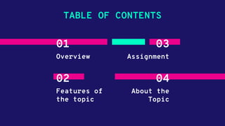TABLE OF CONTENTS
01
Overview
03
Assignment
02
Features of
the topic
04
About the
Topic
 
