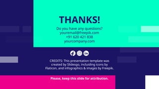 CREDITS: This presentation template was
created by Slidesgo, incluiding icons by
Flaticon, and infographics & images by Freepik.
THANKS!
Do you have any questions?
youremail@freepik.com
+91 620 421 838
yourcompany.com
Please, keep this slide for attribution.
 