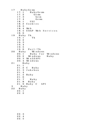 第１７章　用ＲｕｂｙＧｅｍｓ进行包的管理
　　　　１７．１　安装ＲｕｂｙＧｅｍｓ
　　　　１７．２　安装程序Ｇｅｍｓ
　　　　１７．３　安装和使用Ｇｅｍ库
　　　　１７．４　创建自己的Ｇｅｍｓ
　　　　１８．１　编写ＣＧＩ脚本
　　　　１８．２　Ｃｏｏｋｉｅｓ
　　　　１８．３　提升性能
　　　　１８．４　Ｗｅｂ服务器的选择
　　　　１８．５　ＳＯＡＰ及Ｗｅｂ　Ｓｅｒｖｉｃｅｓ
　　　　１８．６　更多信息
第１９章　Ｒｕｂｙ　Ｔｋ
　　　　１９．１　简单的Ｔｋ应用程序
　　　　１９．２　部件
　　　　１９．３　绑定事件
　　　　１９．４　画布
　　　　１９．５　滚动
　　　　１９．６　从Ｐｅｒｌ／Ｔｋ文档转译
第２０章　Ｒｕｂｙ和微软Ｗｉｎｄｏｗｓ系统
　　　　２０．１　得到Ｒｕｂｙ　ｆｏｒ　Ｗｉｎｄｏｗｓ
　　　　２０．２　在Ｗｉｎｄｏｗｓ下运行Ｒｕｂｙ
　　　　２０．３　Ｗｉｎ３２ＡＰＩ
　　　　２０．４　Ｗｉｎｄｏｗｓ自动化
第２１章　扩展Ｒｕｂｙ
　　　　２１．１　你的第一个扩展
　　　　２１．２　Ｃ中的Ｒｕｂｙ对象
　　　　２１．３　Ｊｕｋｅｂｏｘ扩展
　　　　２１．４　内存分配
　　　　２１．５　Ｒｕｂｙ的类型系统
　　　　２１．６　创建一个扩展
　　　　２１．７　内嵌Ｒｕｂｙ解释器
　　　　２１．８　将Ｒｕｂｙ连接到其他语言
　　　　２１．９　Ｒｕｂｙ　Ｃ语言ＡＰＩ
第３　部分　Ｒｕｂｙ的核心
第２２章　Ｒｕｂｙ语言
　　　　２２．１　源代码编排
　　　　２２．２　基本类型
　　　　　　　　整数和浮点数
　　　　　　　　字符串
　　　　　　　　区间
　　　　　　　　数组
　　　　　　　　散列表
　　　　　　　　符号
　　　　　　　　正则表达式
　　　　　　　　正则表达式扩展
　　　　２２．３　名字
　　　　２２．４　变量和常量
　　　　２２．５　表达式
 