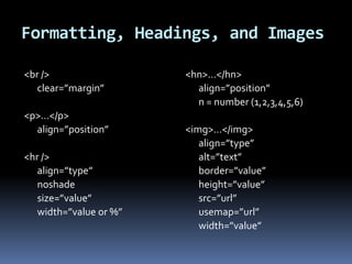 Formatting, Headings, andImages<br />	clear=”margin” <p>…</p>	align=”position” <hr />	align=”type”noshade	size=”value”	width=”value or %”<hn>…</hn>	align=”position”	n = number (1,2,3,4,5,6) <img>…</img>	align=”type”	alt=”text”	border=”value”	height=”value”src=”url”usemap=”url”	width=”value”