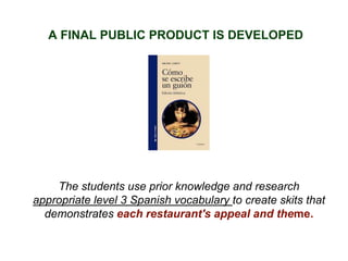 The students use prior knowledge and research
appropriate level 3 Spanish vocabulary to create skits that
demonstrates each restaurant's appeal and theme.
A FINAL PUBLIC PRODUCT IS DEVELOPED
 