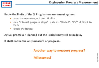 ©2015–HervéBaron
Engineering Progress Measurement
Know the limits of the % Progress measurement system
• based on manhours, not on criticality
• uses “internal progress steps”, such as “Started”, “IDC” difficult to
check
• Rather theoretical
Actual progress > Planned but the Project may still be in delay
It shall not be the only measure of progress…
Another way to measure progress?
Milestones!
 