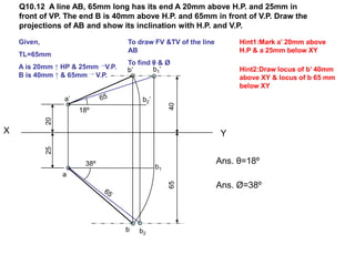 Q10.12 A line AB, 65mm long has its end A 20mm above H.P. and 25mm in
    front of VP. The end B is 40mm above H.P. and 65mm in front of V.P. Draw the
    projections of AB and show its inclination with H.P. and V.P.

    Given,                        To draw FV &TV of the line        Hint1:Mark a’ 20mm above
                                  AB                                H.P & a 25mm below XY
    TL=65mm
                                  To find θ & Ø
    A is 20mm ↑ HP & 25mm →V.P.   b’      b1’                       Hint2:Draw locus of b’ 40mm
    B is 40mm ↑ & 65mm → V.P.                                       above XY & locus of b 65 mm
                                                                    below XY
                  a’                   b2’




                                                  40
                       18º
             20




X                                                               Y
             25




                        38º                                    Ans. θ=18º
                                             b1
                  a                               65

                                                               Ans. Ø=38º



                                  b   b2
 