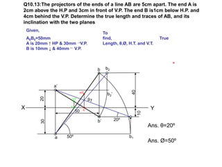 Q10.13:The projectors of the ends of a line AB are 5cm apart. The end A is
2cm above the H.P and 3cm in front of V.P. The end B is1cm below H.P. and
4cm behind the V.P. Determine the true length and traces of AB, and its
inclination with the two planes
    Given,
                                             To
    A0B0=50mm                                find,                         True
    A is 20mm ↑ HP & 30mm →V.P.              Length, θ,Ø, H.T. and V.T.
    B is 10mm ↓ & 40mm ← V.P.



                                        b     b2



                  a’




                                                            40
                                  HT           b2’
             20




                         VT’

                        v
X                                  h’                                  Y
                             50




                                                                 10
                                        b’           20º
             30




                                                                      Ans. θ=20º

                  a    50º                                 b1
                                                                      Ans. Ø=50º
 