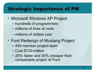 • Microsoft Windows XP Project:
– hundreds of programmers
– millions of lines of code
– millions of dollars cost
• Ford Redesign of Mustang Project:
– 450 member project team
– Cost $700-million
– 25% faster and 30% cheaper than
comparable project at Ford
Strategic Importance of PM
3-12
 