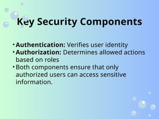 Key Security Components
• Authentication: Verifies user identity
• Authorization: Determines allowed actions
based on roles
• Both components ensure that only
authorized users can access sensitive
information.
 