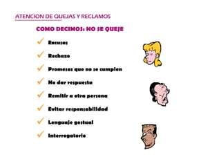 COMO DECIMOS: NO SE QUEJE Excusas Rechazo Promesas que no se cumplen No dar respuesta Remitir a otra persona Evitar responsabilidad Lenguaje gestual Interrogatorio ATENCION DE QUEJAS Y RECLAMOS 