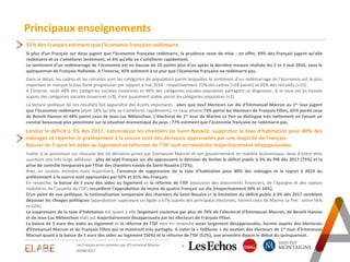 Principaux enseignements
4
03/08/2017
Les Français et les premiers pas d'Emmanuel Macron
55% des Français estiment que l’économie française redémarre.
Si plus d’un Français sur deux jugent que l’économie française redémarre, la prudence reste de mise : en effet, 49% des Français jugent qu’elle
redémarre et va s’améliorer lentement, et 6% qu’elle va s’améliorer rapidement.
Le sentiment d’un redémarrage de l’économie est en hausse de 10 points plus d’un après la dernière mesure réalisée les 2 et 3 mai 2016, sous le
quinquennat de François Hollande. A l’inverse, 45% estiment à ce jour que l’économie française ne redémarre pas.
Dans le détail, les cadres et les retraités sont les catégories de population parmi lesquelles le sentiment d’un redémarrage de l’économie est le plus
important et marque la plus forte progression par rapport à mai 2016 : respectivement 72% des cadres (+18 points) et 65% des retraités (+15).
A l’inverse, seuls 48% des catégories sociales moyennes et 46% des catégories sociales populaires partagent ce diagnostic. Si le taux est en hausse
auprès des catégories sociales moyennes (+9), il est quasiment stable parmi les catégories populaires (+2).
La lecture politique de ces résultats fait apparaître des écarts importants : alors que neuf électeurs sur dix d’Emmanuel Macron au 1er tour jugent
que l’économie redémarre (dont 18% qu’elle va s’améliorer rapidement), ce taux atteint 73% parmi les électeurs de François Fillon, 65% parmi ceux
de Benoît Hamon et 48% parmi ceux de Jean-Luc Mélenchon. L’électorat de 1er tour de Marine Le Pen se distingue très nettement en faisant un
constat beaucoup plus pessimiste sur la situation économique du pays : 77% estiment que l’économie française ne redémarre pas.
Limiter le déficit à 3% dès 2017, nationaliser les chantiers de Saint-Nazaire, supprimer la taxe d’habitation pour 80% des
ménages et reporter le prélèvement à la source sont des décisions approuvées par une majorité de Français.
Baisser de 5 euro les aides au logement et réformer de l’ISF sont en revanche majoritairement désapprouvées.
Inviter à se prononcer sur chacune des six décisions prises par Emmanuel Macron et son gouvernement en matière économique, deux d’entre elles
suscitent une très large adhésion : plus de sept Français sur dix approuvent la décision de limiter le déficit public à 3% du PIB dès 2017 (75%) et la
prise de contrôle temporaire par l’Etat des chantiers navals de Saint-Nazaire (72%).
Avec un soutien moindre mais majoritaire, l’annonce de suppression de la taxe d’habitation pour 80% des ménages et le report à 2019 du
prélèvement à la source sont approuvées par 65% et 61% des Français.
En revanche, la baisse de 5 euro des aides au logement et la réforme de l’ISF (exclusion des placements financiers, de l’épargne et des valeurs
mobilières de l’assiette de l’ISF) recueillent l’approbation de moins de quatre Français sur dix (respectivement 39% et 34%).
D’un point de vue politique, la nationalisation temporaire des chantiers de Saint-Nazaire et la limitation du déficit public à 3% dès 2017 semblent
dépasser les clivages politiques (approbation supérieure ou égale à 67% auprès des principaux électorats, hormis celui de Marine Le Pen : entre 56%
et 62%).
La suppression de la taxe d’habitation est quant à elle largement soutenue par plus de 70% de l’électorat d’Emmanuel Macron, de Benoît Hamon
et de Jean-Luc Mélenchon mais est majoritairement désapprouvée par les électeurs de François Fillon.
La baisse de 5 euro des aides au logement et la réforme de l’ISF sont en revanche assez largement désapprouvées, hormis auprès des électorats
d’Emmanuel Macron et de François Fillon qui se montrent très partagés. A noter la « faiblesse » du soutien des électeurs de 1er tour d’Emmanuel
Macron quant à la baisse de 5 euro des aides au logement (56%) et la réforme de l’ISF (51%), une première depuis le début du quinquennat.
 