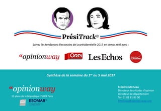 Frédéric Micheau
Directeur des études d’opinion
Directeur de département
Tel: 01 81 81 83 00
fmicheau@opinion-way.com
15 place de la République 75003 Paris
Synthèse de la semaine du 1er au 5 mai 2017
 