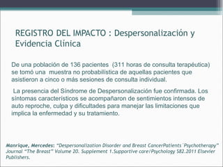 REGISTRO DEL IMPACTO : Despersonalización y
Evidencia Clínica
De una población de 136 pacientes (311 horas de consulta terapéutica)
se tomó una muestra no probabilística de aquellas pacientes que
asistieron a cinco o más sesiones de consulta individual.
La presencia del Síndrome de Despersonalización fue confirmada. Los
síntomas característicos se acompañaron de sentimientos intensos de
auto reproche, culpa y dificultades para manejar las limitaciones que
implica la enfermedad y su tratamiento.

Manrique, Mercedes: “Despersonalization Disorder and Breast CancerPatients´Psychotherapy”
Journal “The Breast” Volume 20. Supplement 1.Supportive care/Psychology S82.2011 Elsevier
Publishers.

 
