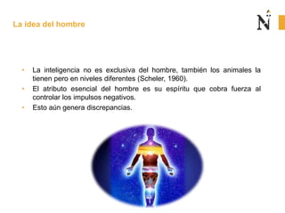 • La inteligencia no es exclusiva del hombre, también los animales la
tienen pero en niveles diferentes (Scheler, 1960).
• El atributo esencial del hombre es su espíritu que cobra fuerza al
controlar los impulsos negativos.
• Esto aún genera discrepancias.
La idea del hombre
 