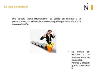 • Una tercera teoría (Humanismo) se centra en estudiar a la
persona sana, su existencia, valores y aquello que lo conduce a la
autorrealización.
La idea del hombre
• se centra en
estudiar a la
persona sana, su
existencia,
valores y aquello
que lo conduce a
 