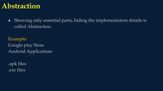 Abstraction
● Showing only essential parts, hiding the implementation details is
called Abstraction.
Example:
Google play Store
Android Applications
.apk files
.exe files
 