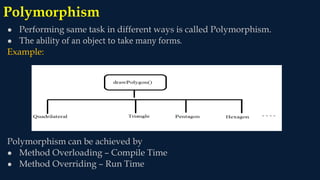 Polymorphism
● Performing same task in different ways is called Polymorphism.
● The ability of an object to take many forms.
Example:
Polymorphism can be achieved by
● Method Overloading – Compile Time
● Method Overriding – Run Time
 