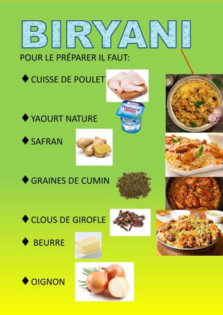 POUR LE PRÉPARER IL FAUT:
CUISSE DE POULET
YAOURT NATURE
SAFRAN
GRAINES DE CUMIN
CLOUS DE GIROFLE
BEURRE
OIGNON
 