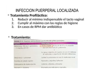  Tratamiento Profiláctico:
1. Reducir al mínimo indispensable el tacto vaginal
2. Cumplir al máximo con las reglas de higiene
3. En casos de RPM dar antibiótico
 Tratamiento:
INFECCION PUERPERAL LOCALIZADA
 