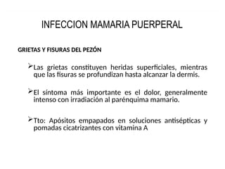 INFECCION MAMARIA PUERPERAL
GRIETAS Y FISURAS DEL PEZÓN
Las grietas constituyen heridas superficiales, mientras
que las fisuras se profundizan hasta alcanzar la dermis.
El síntoma más importante es el dolor, generalmente
intenso con irradiación al parénquima mamario.
Tto: Apósitos empapados en soluciones antisépticas y
pomadas cicatrizantes con vitamina A
 