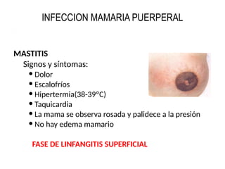 INFECCION MAMARIA PUERPERAL
MASTITIS
Signos y síntomas:
 Dolor
 Escalofríos
 Hipertermia(38-39ºC)
 Taquicardia
 La mama se observa rosada y palidece a la presión
 No hay edema mamario
FASE DE LINFANGITIS SUPERFICIAL
 