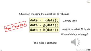 195 © VictorRentea.ro
a training by
A function changing the object has to return it:
data = f(data);
Imagine data has 20 fields
When did data.x change?
... every time
data = g(data);
data = h(data);
The mess is still here!
 