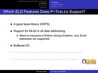 An Introduction to the Python Language
P Y TABLES
CSTABLES
Summary

Overview
Usage Examples
P Y TABLES Pro

Which ELD Features Does P Y TABLES Support?
A good base library (HDF5).
Support for 64-bit in all data addressing.
Need to overcome a Python slicing limitation: only 32-bit
addresses are supported.

Buffered I/O.
A LRU cache system for an efﬁcient reuse of objects.
Fast indexing and searching capabilities for tables.

Francesc Altet

P Y TABLES & Family

 